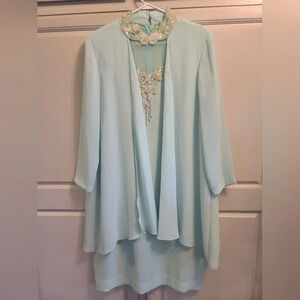 Vintage Caron Chicago Pale Blue Turquoise Beaded Embellished Caped Dress